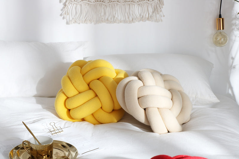 Beige Yellow Round Macrame Knot Cushion