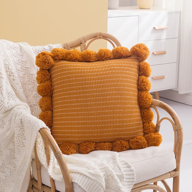 square cotton knitted fringed pompoms yellow cushion cover