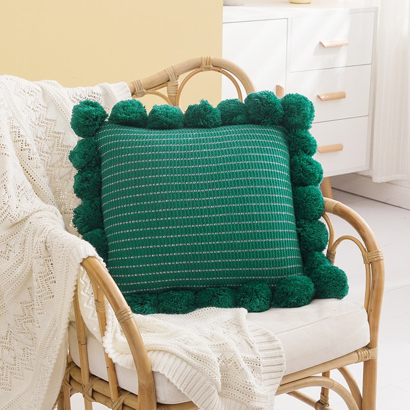 square cotton knitted fringed pompoms green cushion cover