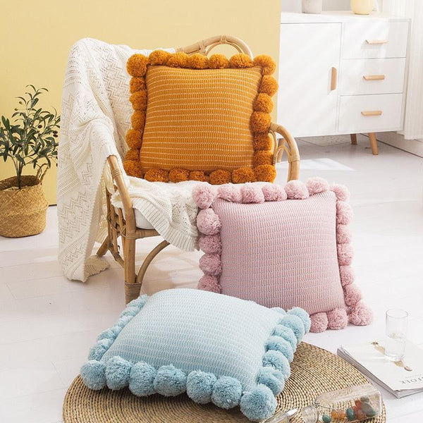 square cotton knitted fringed pompoms yellow pink blue cushion cover