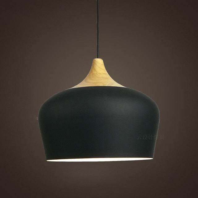 flat dome Aluminum lampshade with Wood detail black pendant light