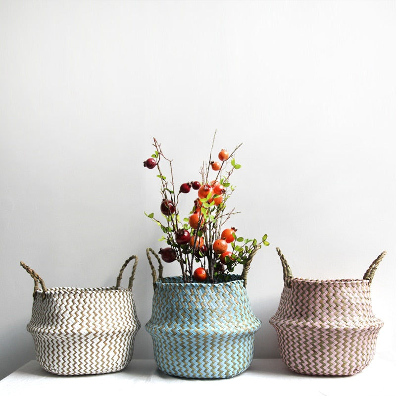 Wicker Bamboo White Blue Pink Brown Basket