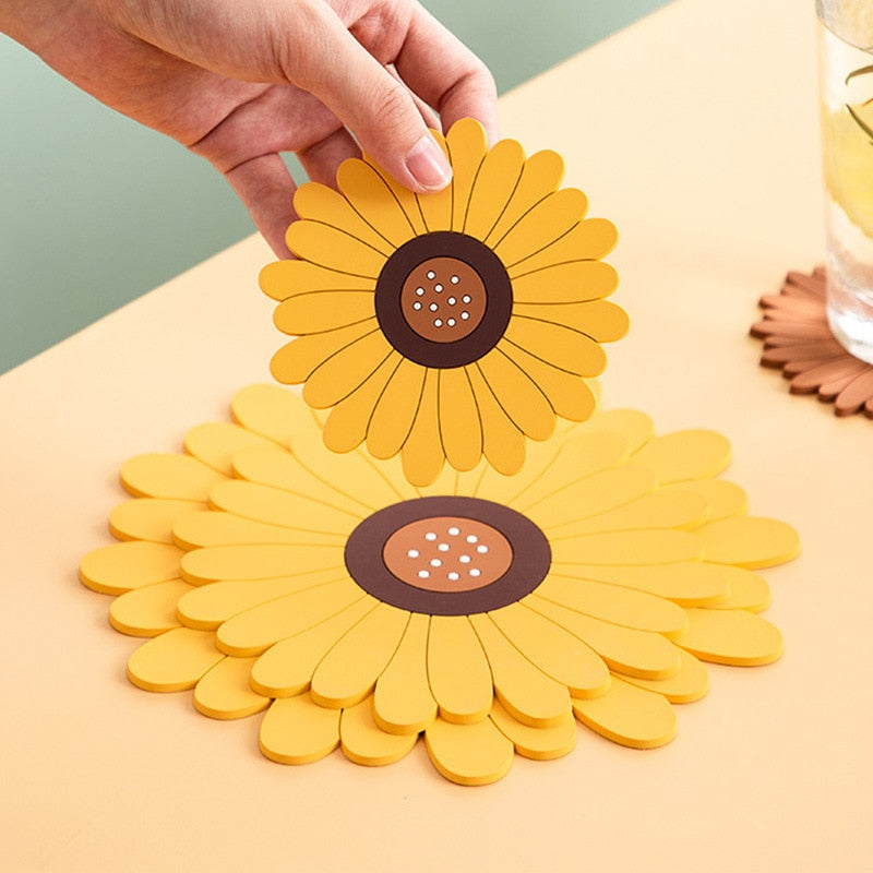 Yellow and Brown Silicone Sunflowers Shape Table Coaster