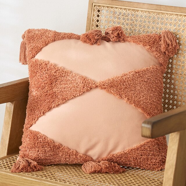 Handmade Embroidered Dual Diamond Pattern Tassel Edges Cushion Cover Sand Pink