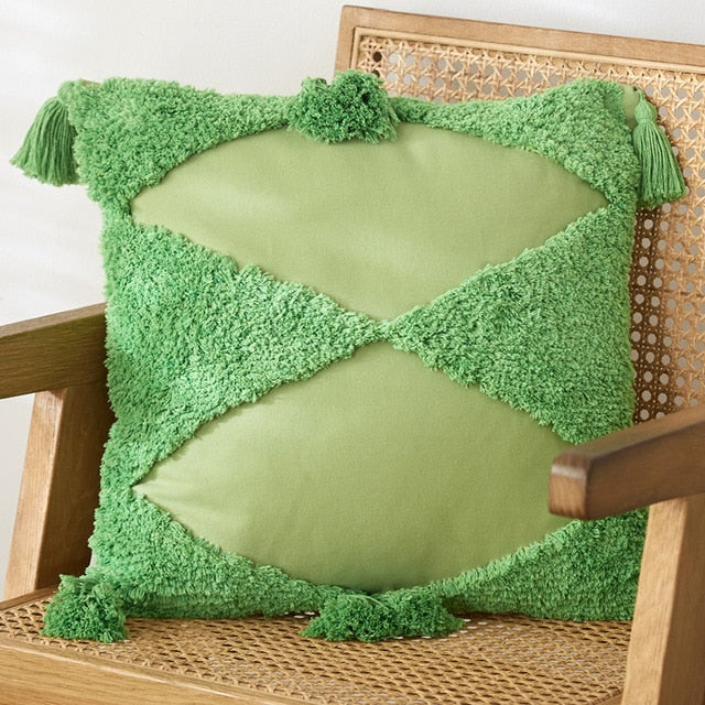 Handmade Embroidered Dual Diamond Pattern Tassel Edges Cushion Cover Green