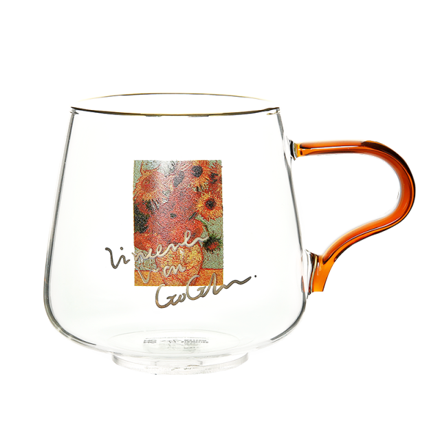 rounded clear glass van gogh-design mug with orange handle