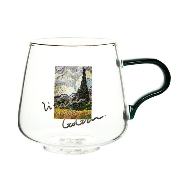 rounded clear glass van gogh-design mug with green handle