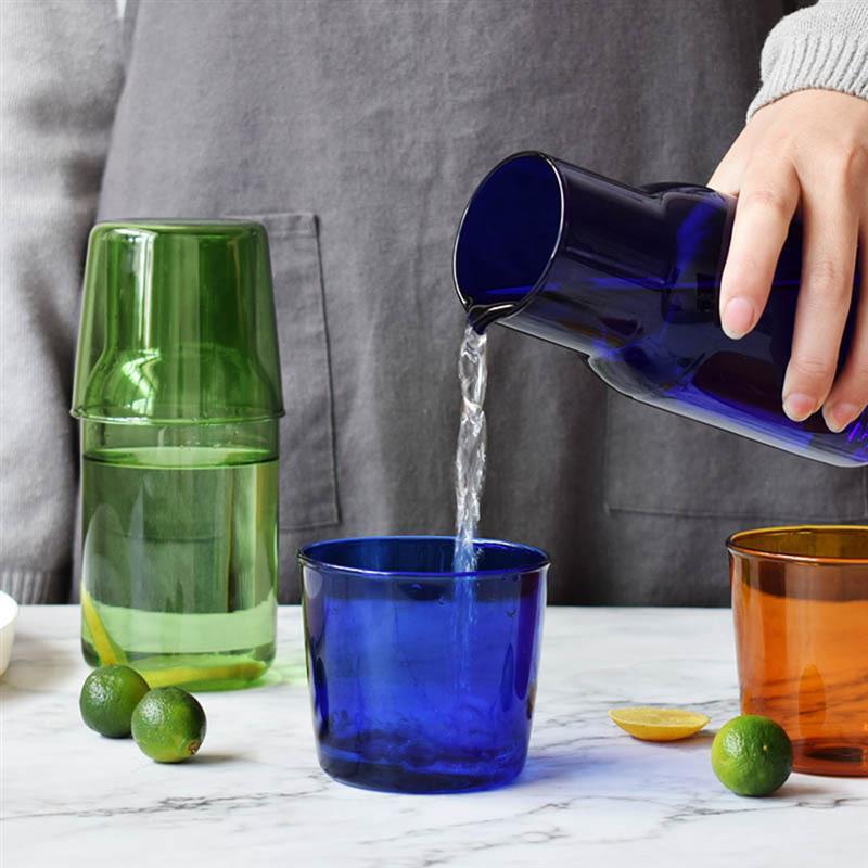 vibrant colored glass water jar and cup