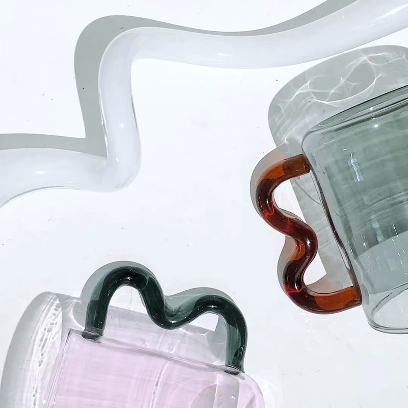 Colored Glass mugs with wavy handle