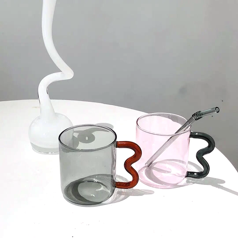 Colored Glass mugs with wavy handle