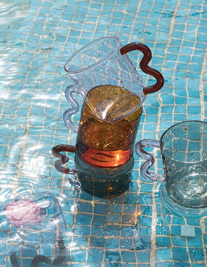 Colored Glass mugs with wavy handle