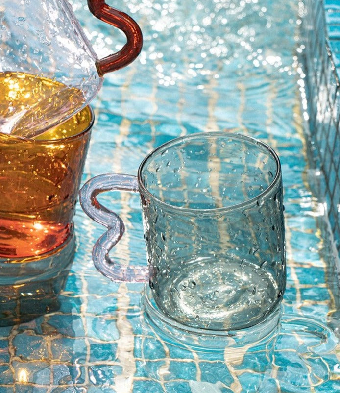 Colored Glass mugs with wavy handle