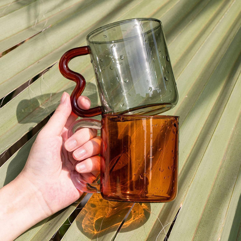 Colored Glass mugs with wavy handle