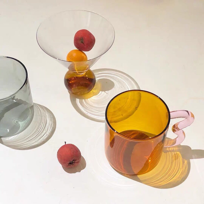 Colored Glass mugs with wavy handle