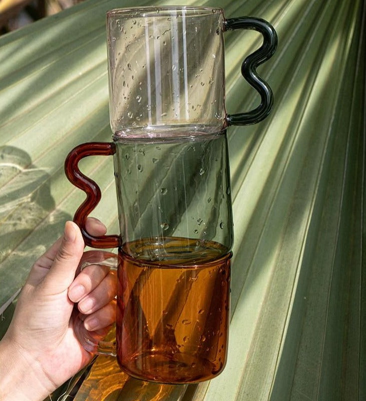 Colored Glass mugs with wavy handle