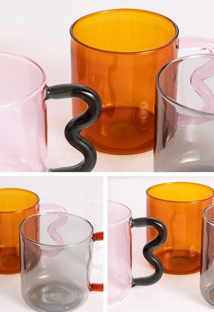 Colored Glass mugs with wavy handle