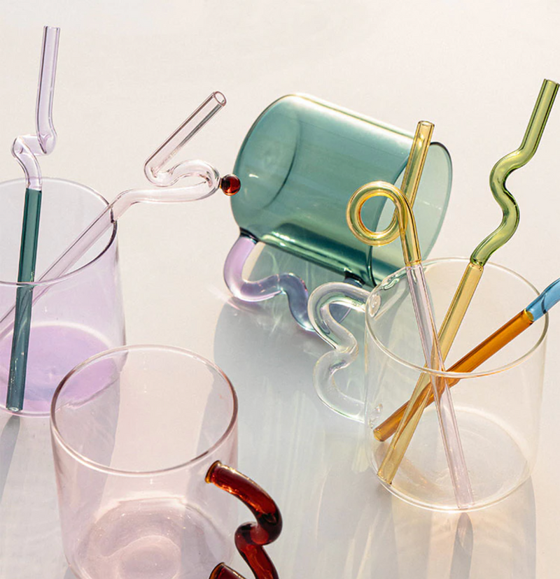 Colored Glass mugs with wavy handle