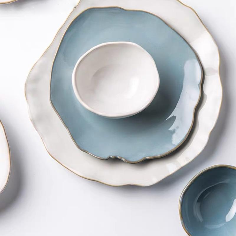 abstract edge blue and white klin glazed with gold trimmings ceramic plate and bowl