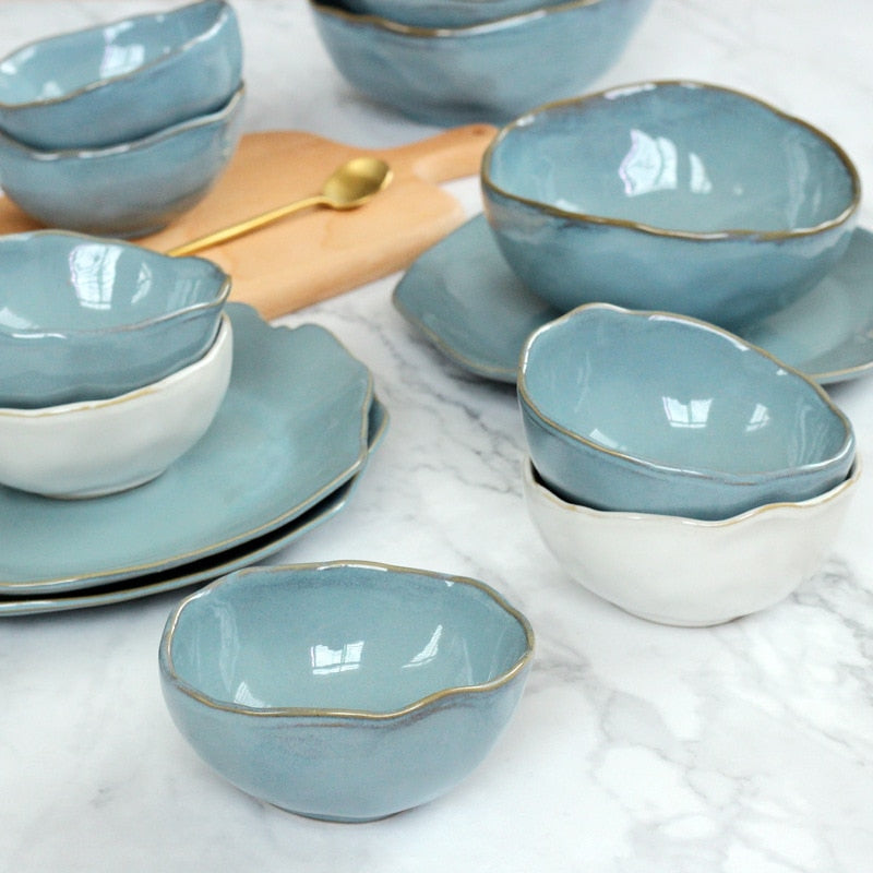 abstract edge blue and white klin glazed with gold trimmings ceramic plate and bowl