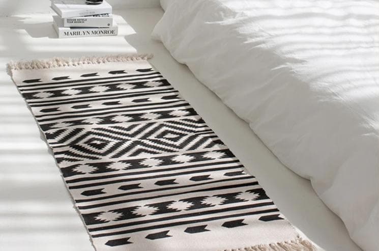 Ethnic Geo Area Rug in Cotton Canvas for Bath, Bed, Living Room 