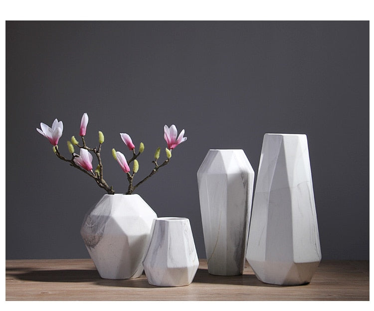 abstract geometric marble ceramic white vase.