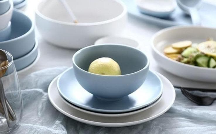 round pigmented ceramic pastel blue white bowl plate