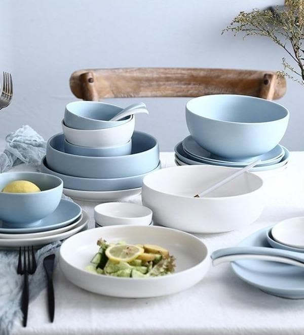 round pigmented ceramic pastel blue white bowl plate