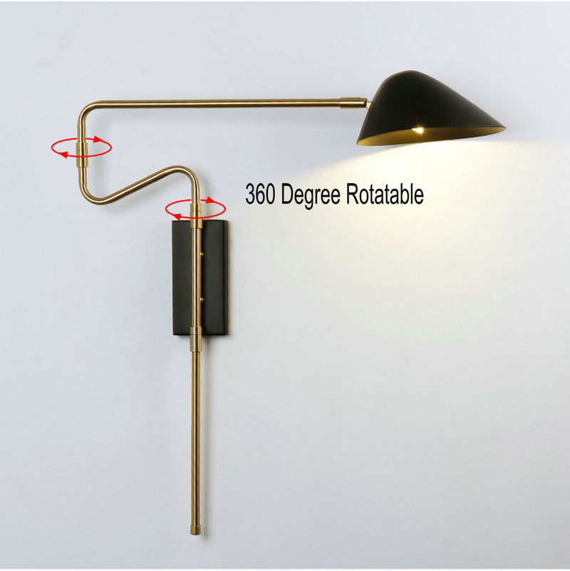 rotating metal brass black shade wall lamp mounted