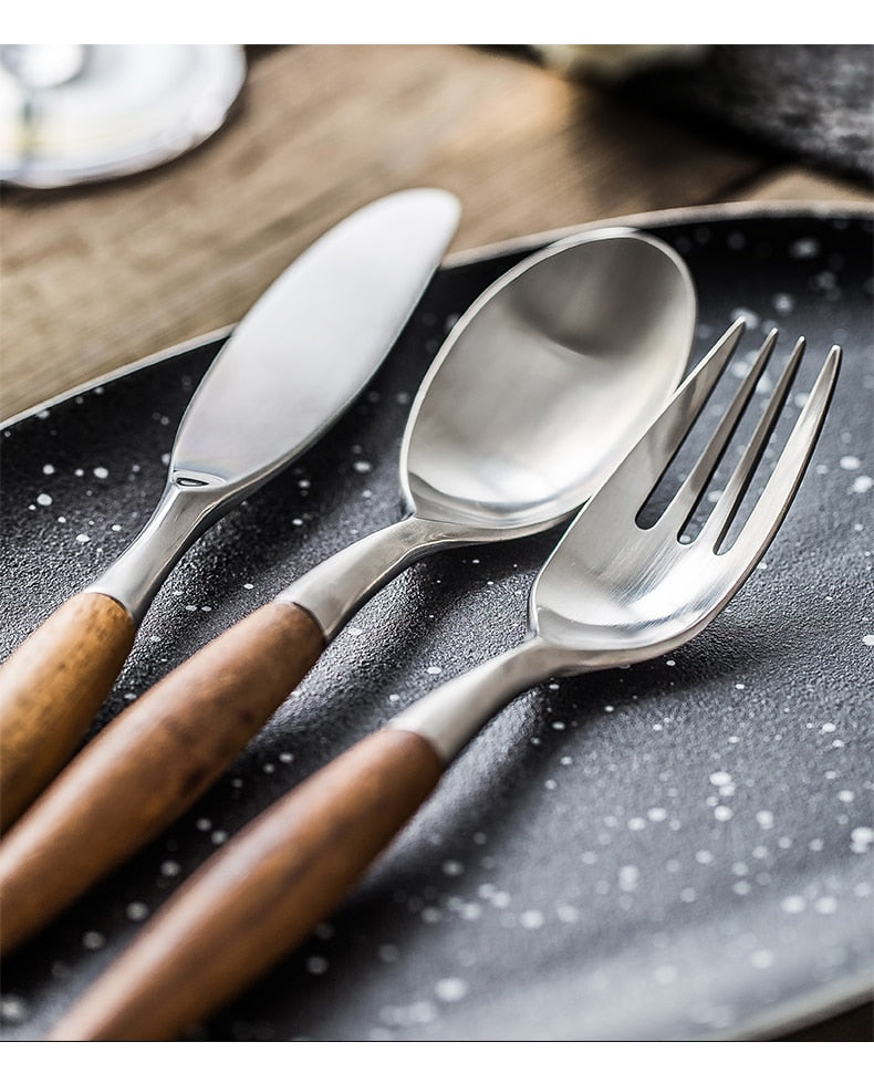 stainless steel with wood handle flatware