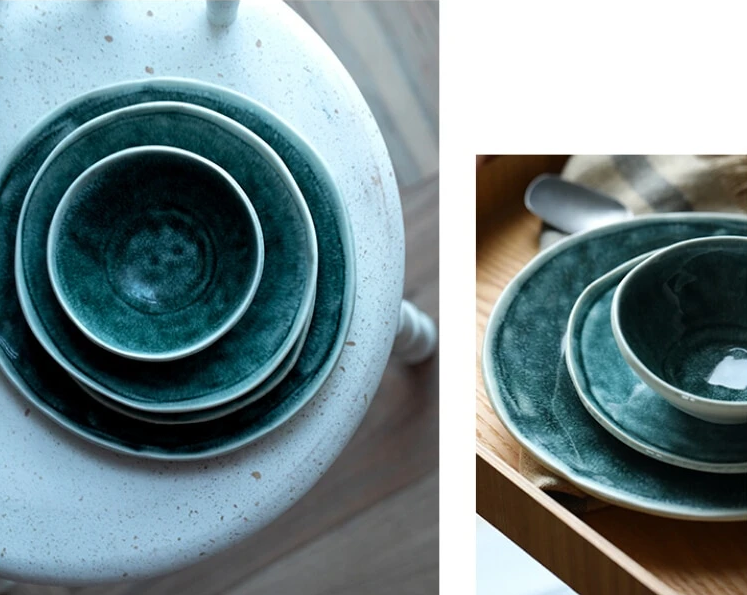 Glossy glazed teal blue green plates and bowls