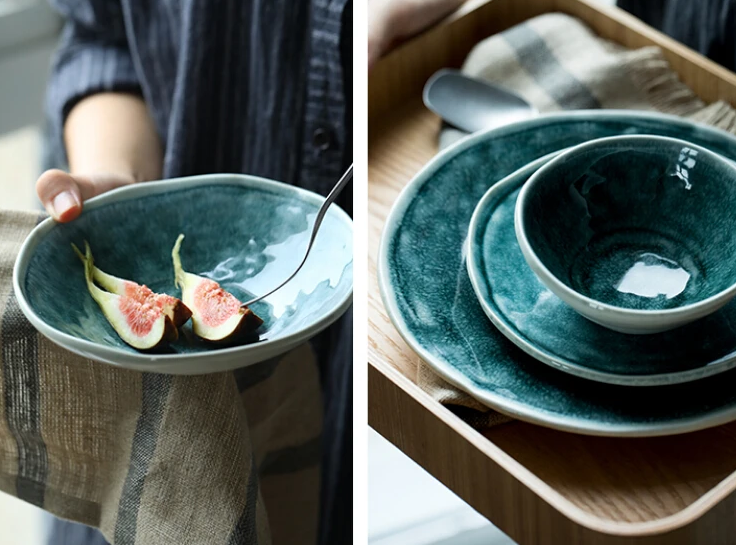 Glossy glazed teal blue green plates and bowls