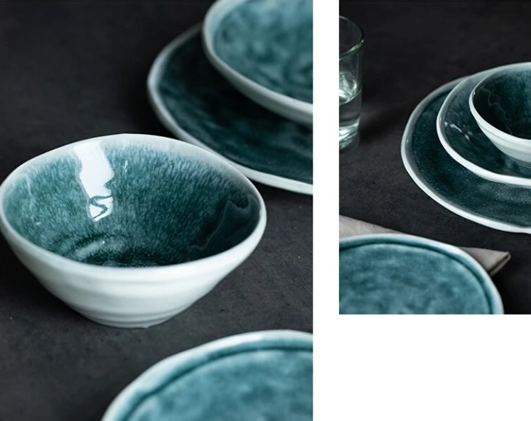 Glossy glazed teal blue green plates and bowls