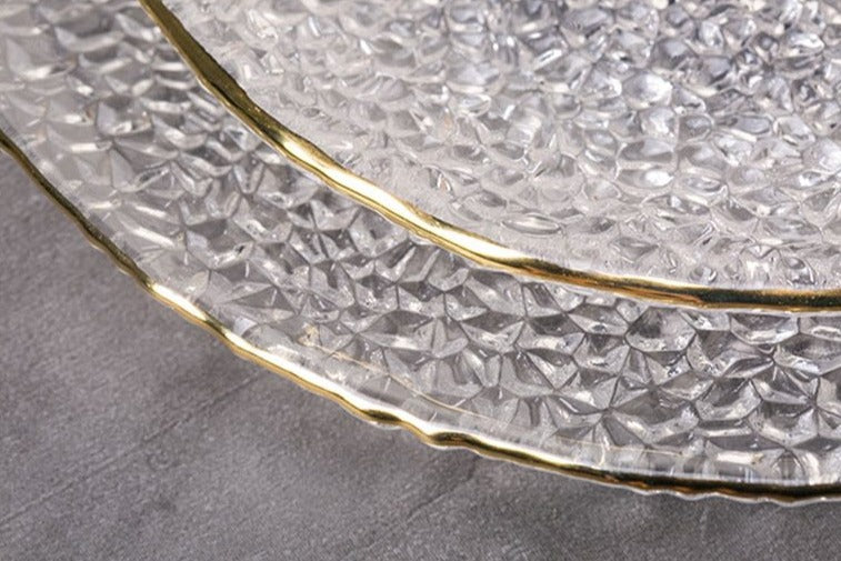 round textured hammered glass plate with gold trimming