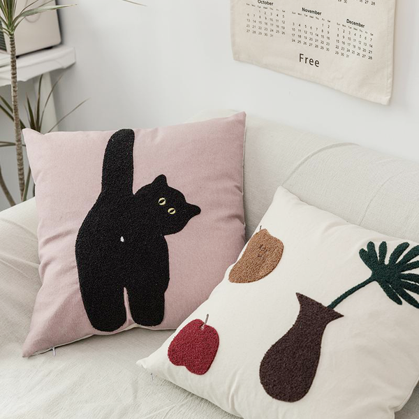 Textured Cat and Flower Pillow Covers for Room Office Modern Boho Decor