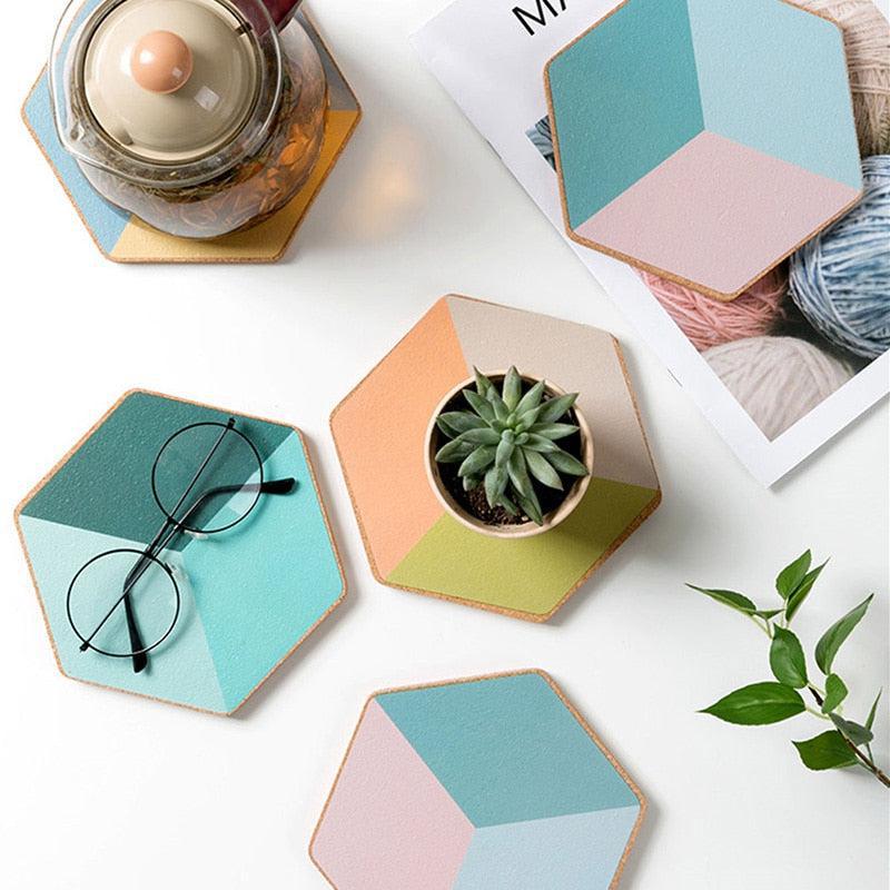 hexagon wooden cork colorful nonslip table coaster