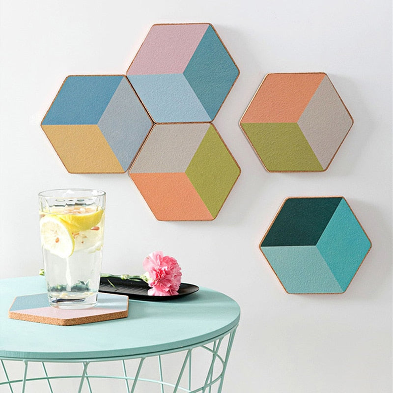 hexagon wooden cork colorful nonslip table coaster