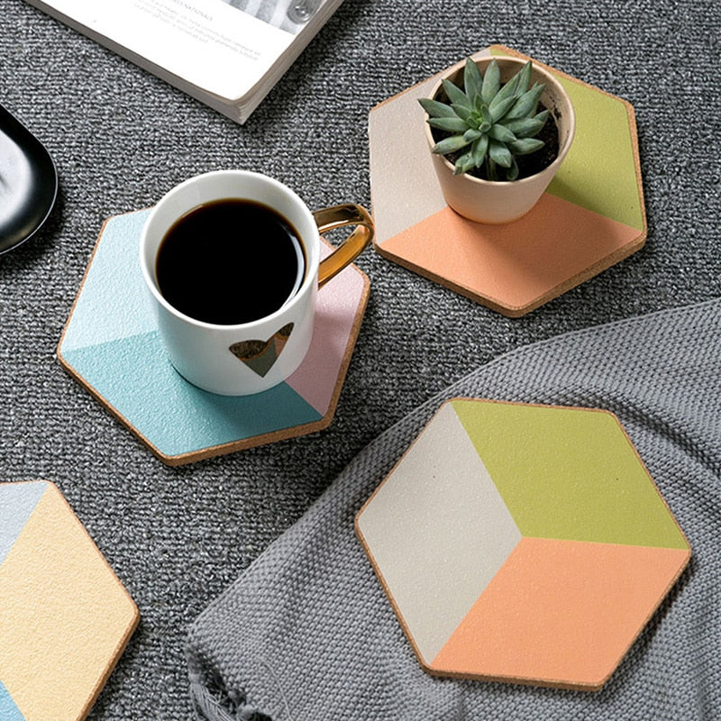 hexagon wooden cork colorful nonslip table coaster