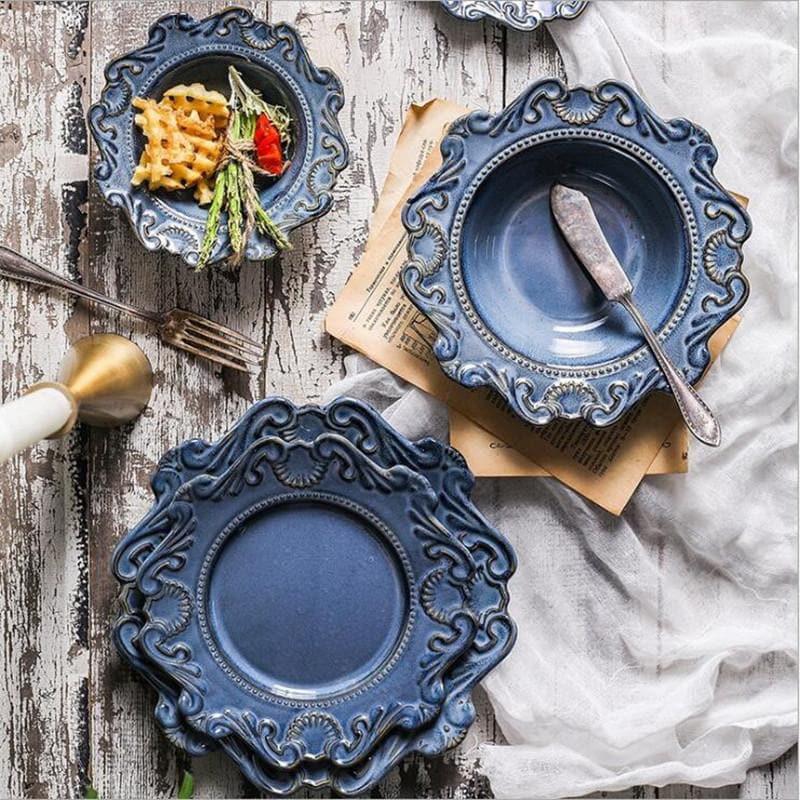 Blue And White Antique Relief Ceramic Dinner Plate Set Porcelain Main Dish Serving Tray Dessert Salad Dishes Tableware 1 pc