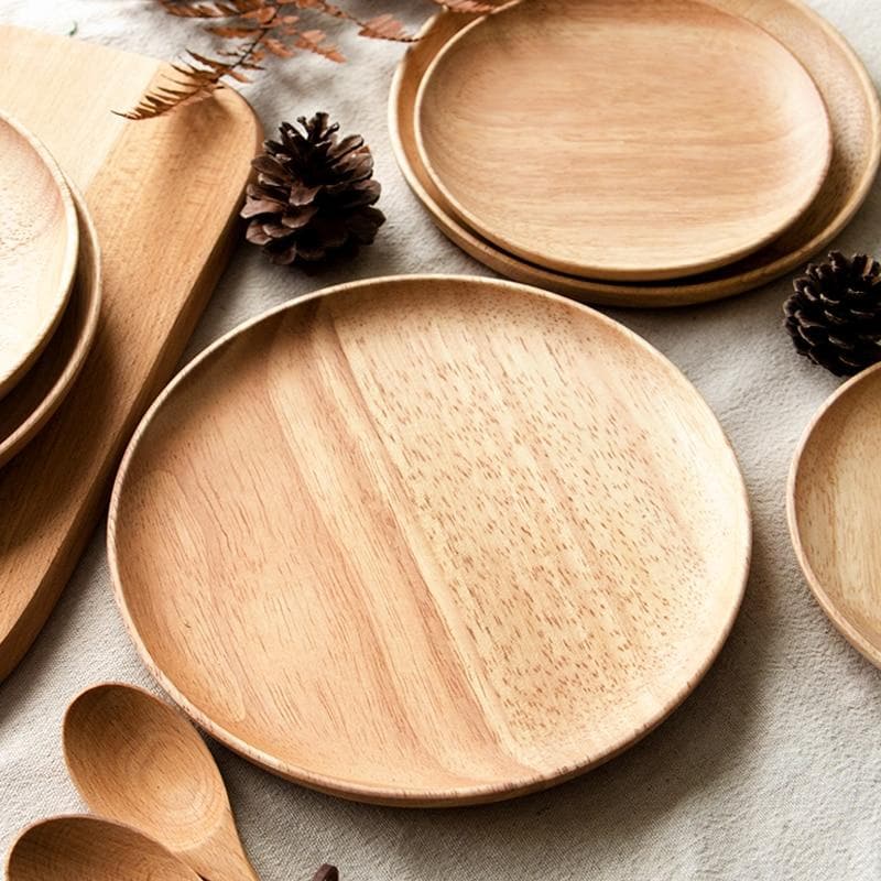 round rubberwood natural brown tray plate