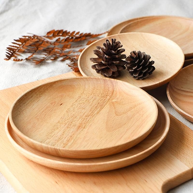 round rubberwood natural brown tray plate