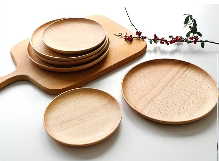 round rubberwood natural brown tray plate