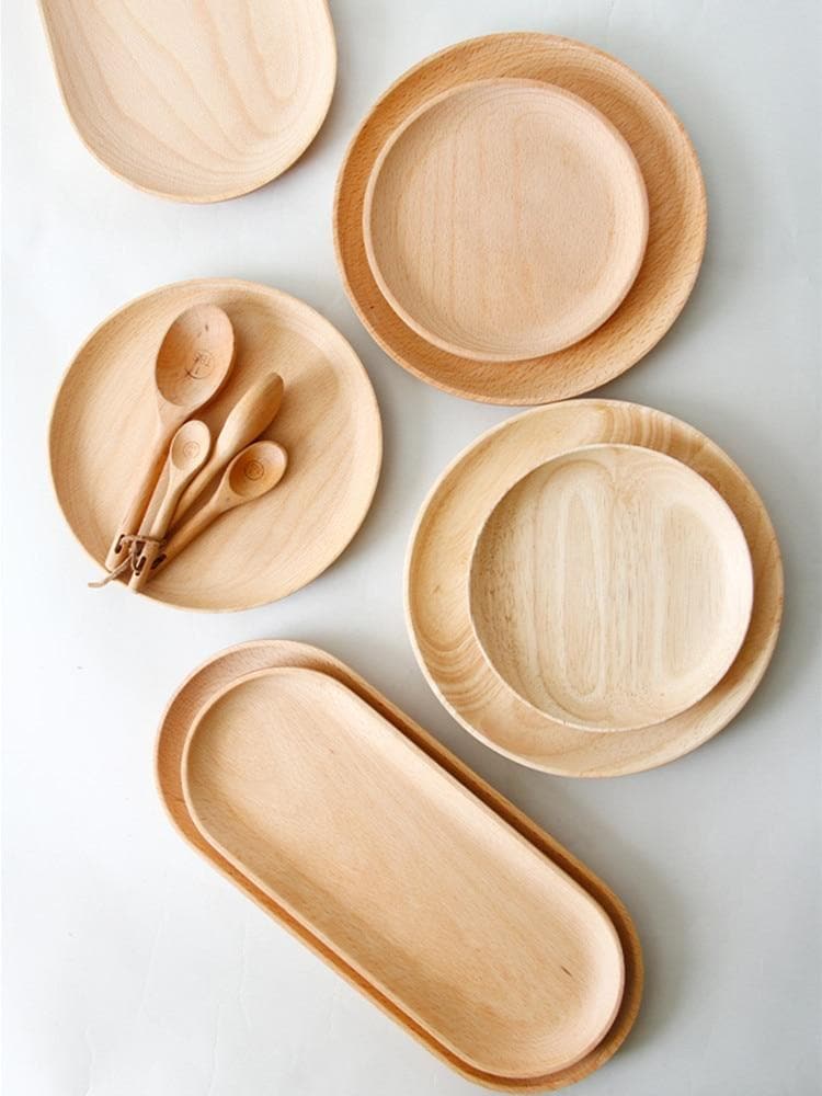 round rubberwood natural brown tray plate