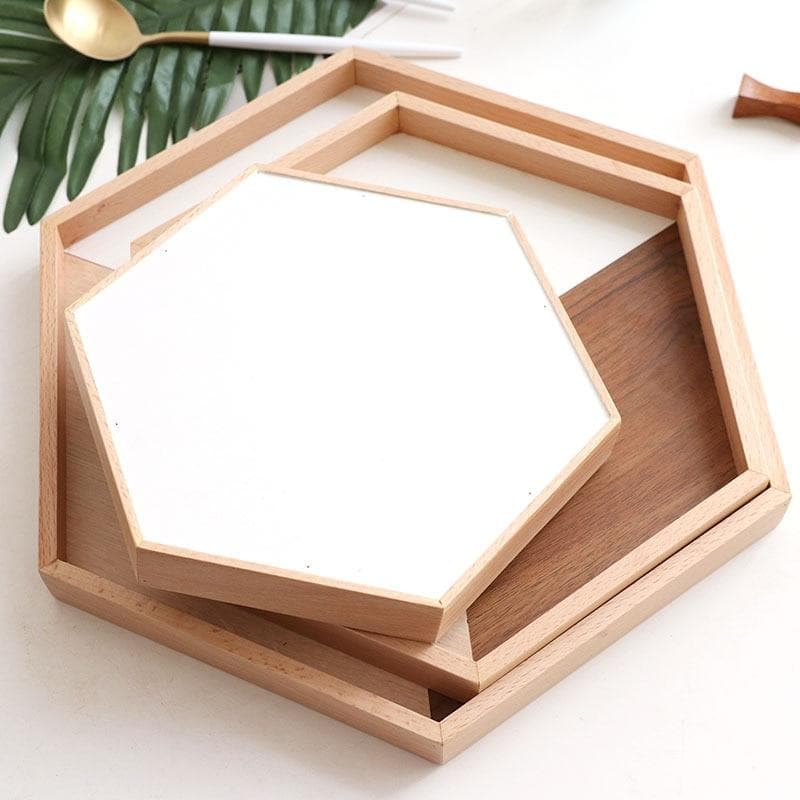 Hexagonal natural wood and white trays set