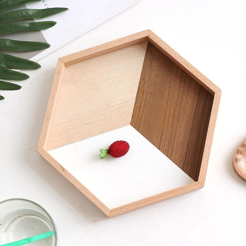 Hexagonal natural wood and white tray