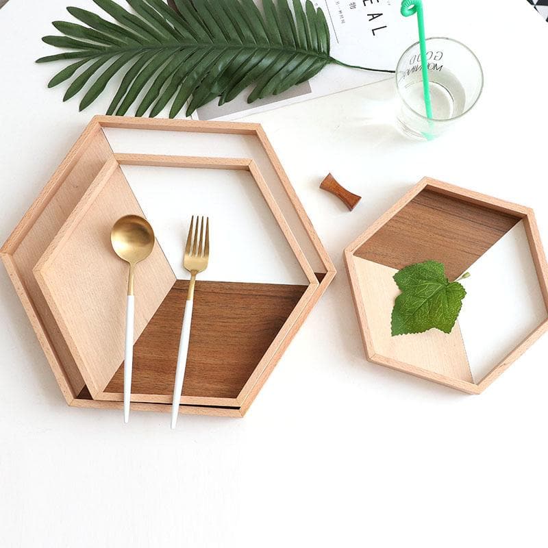 Hexagonal natural wood and white trays set