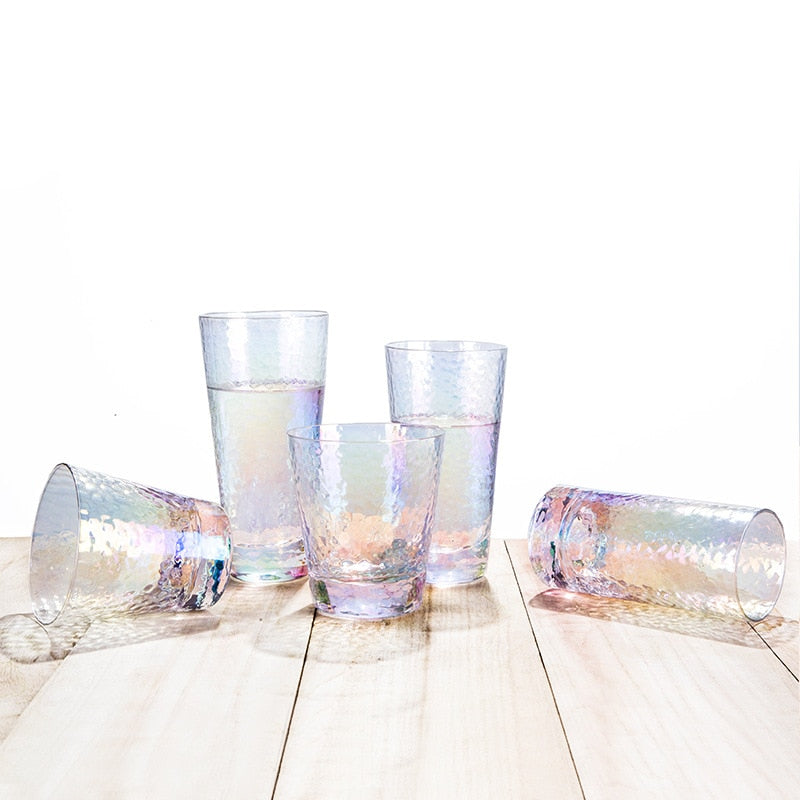 elongated hammered pattern rainbow colored glass cup