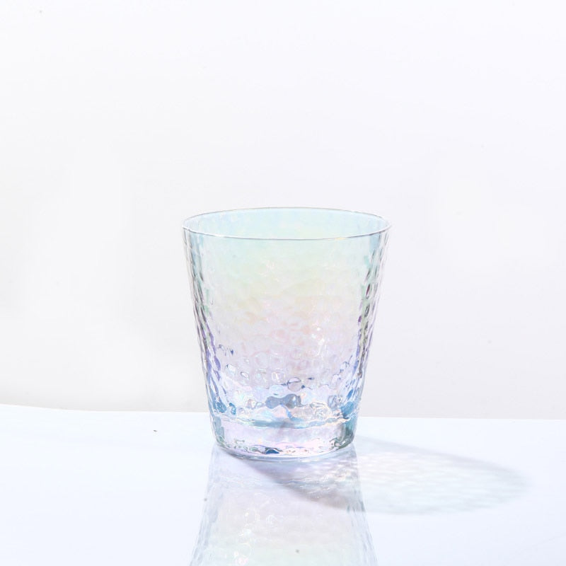 elongated hammered pattern rainbow colored glass cup