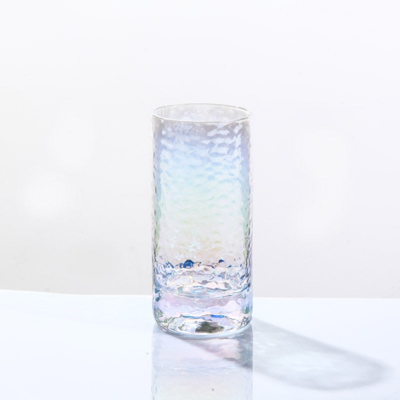 elongated hammered pattern rainbow colored glass cup