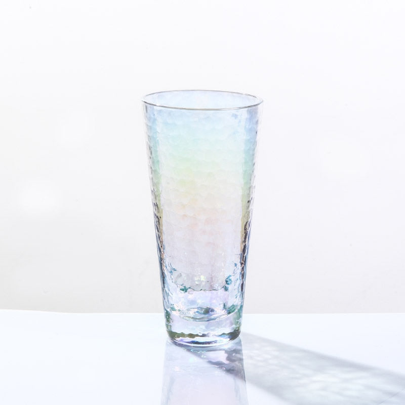 elongated hammered pattern rainbow colored glass cup