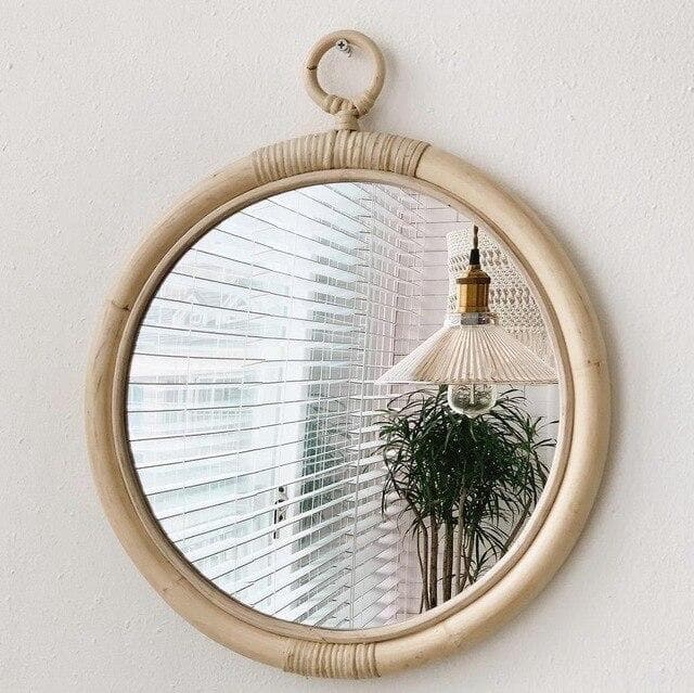 round vintage rattan mirror